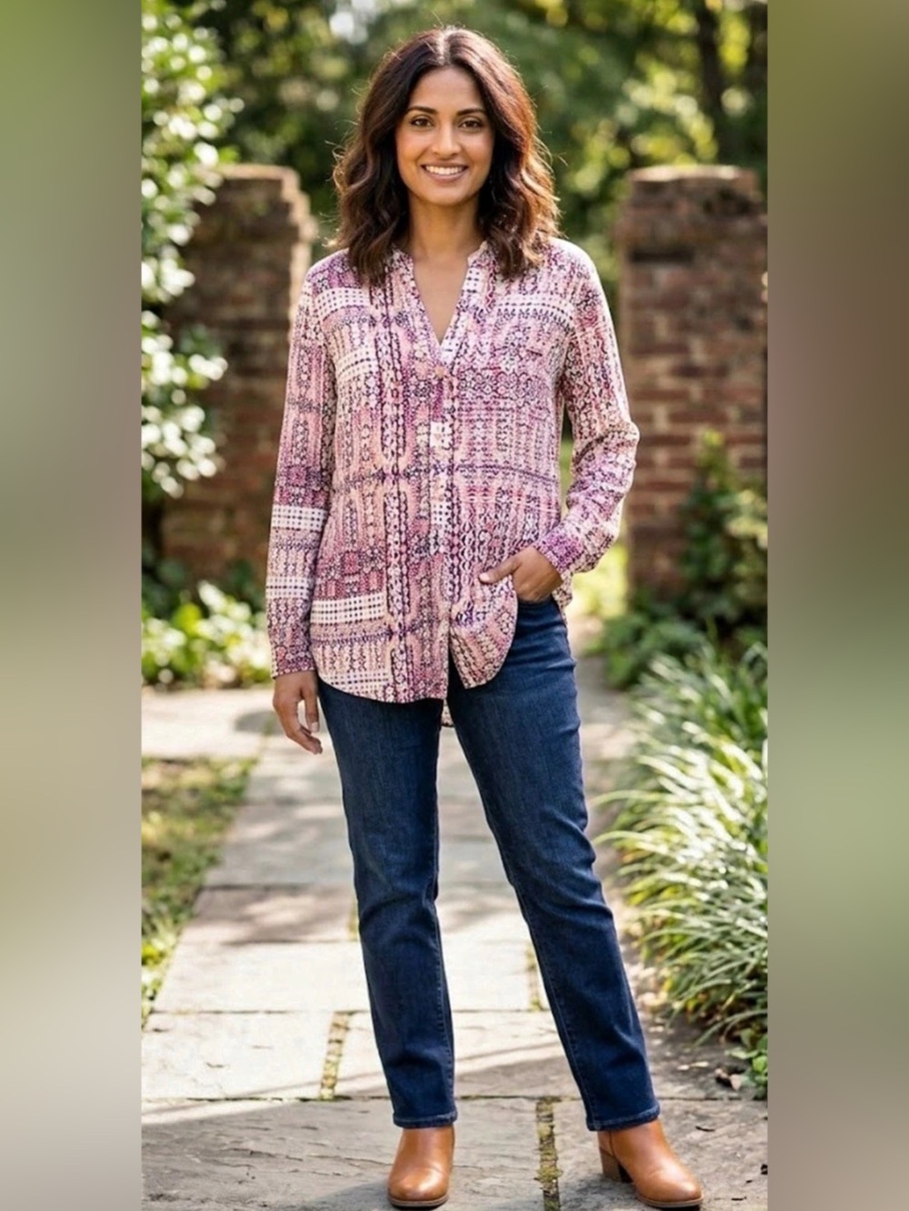 KUT from the Kloth Jasmine Split-Neck Blouse in Pink & Purple - Size Med -NWOT